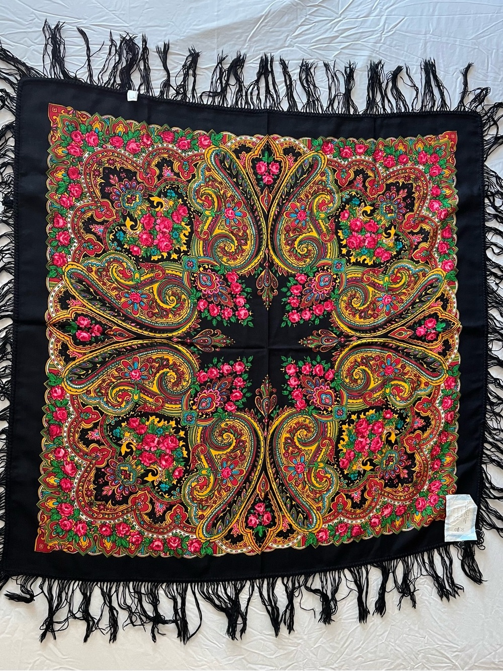 Pavlovo Posad Vintage USSR Wool Shawl Scarf 95x95 cm Black Paisley Floral NWT